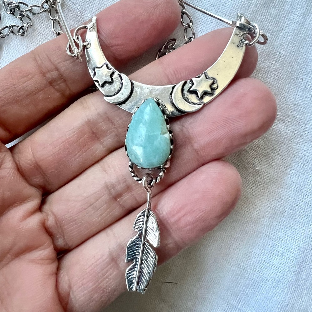 925 Flawed Boho Caribbean Larimar Feather Pendant Necklace - Picture 7 of 10